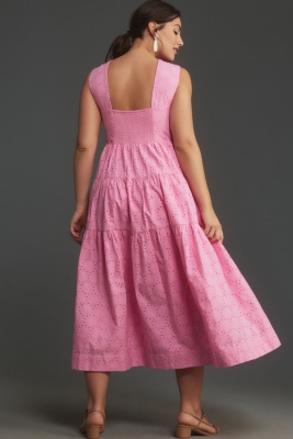Square-Neck Eyelet Tiered Midi Dress