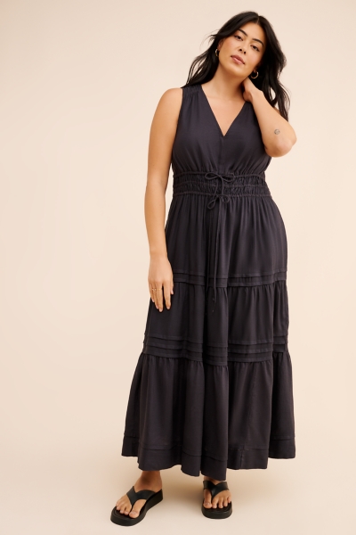 knee length dresses for ladies Tie Front Linen Blend Dress Navy Stripe / XL main image 0