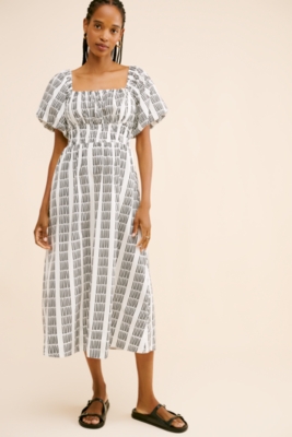 Puff-Sleeve Square-Neck Smocked Midi Dress | Nuuly