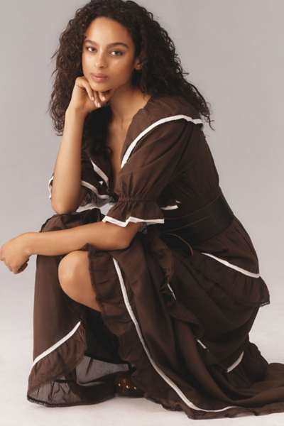brown puff sleeve maxi dress Puff-Sleeve Scoop-Neck Tiered Maxi Dress