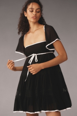 Flutter-Sleeve Bow Babydoll Mini Dress