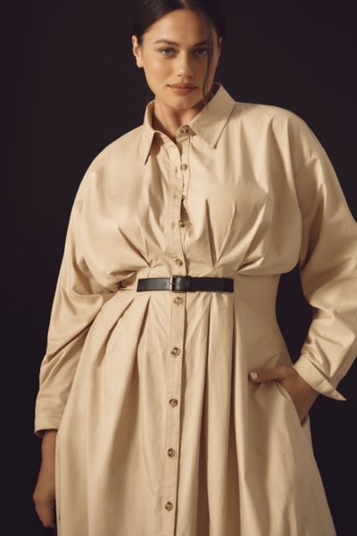 by anthropologie pleated buckle midi shirt dress Anthropologie Buckle-Front Midi Shirt Dress