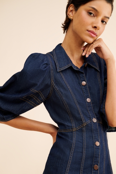 white christmas dresses Kylie Denim Puff Sleeve Mini Dress Dark Denim / L