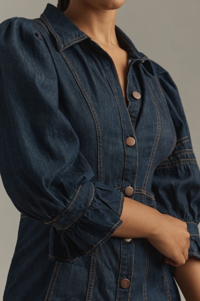 anthropologie denim dress puff sleeve Maeve Puff-Sleeve Tiered Denim Mini Dress