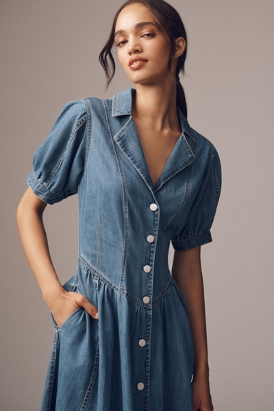 white christmas dresses Northern Sky Fringe Puff Sleeve Midi Dress Denim Blue
