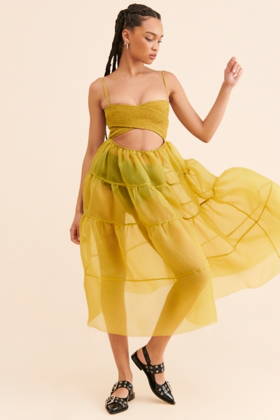 tiered sheer dress Tiered Tulle Cut-Out Maxi Dress  ESTHE