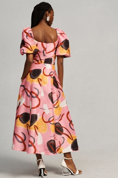 Printed Linen Puff-Sleeve Cutout Dress | Nuuly