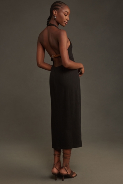 Linen Asymmetrical Halter Belt Back Column Midi Dr | Nuuly