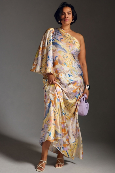 mandira wirk one shoulder dress Blue & Gold Satin Foliage Printed One-Shoulder Midi Vacation Dress by Mandira  Wirk