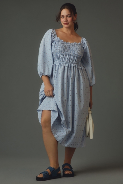 knee length dresses for ladies Sky Blue Smocked Bodice Short Puff Sleeve Tiered Floral Midi Dress Sky Blue / XL / 100%Viscose