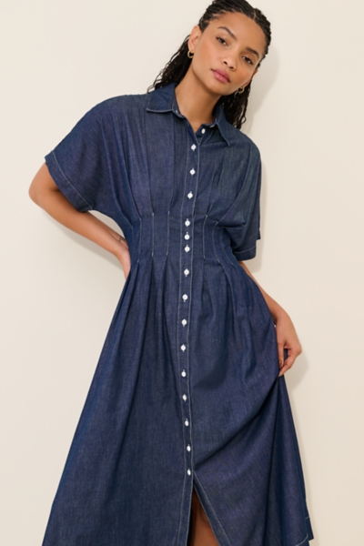 The Tobie Button-Front Pleated Shirt Dress: Denim