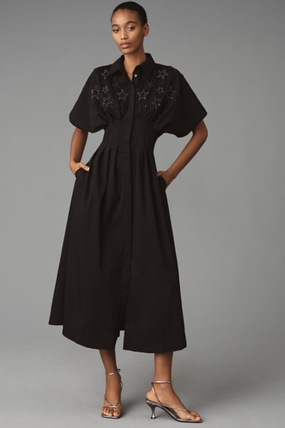 the tobie pleated dress The Tobie Button-Front Pleated Shirt Dress: Embell