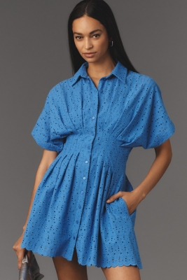 The Tobie Button-Front Pleated Shirt Dress: Mini Eyelet Edition