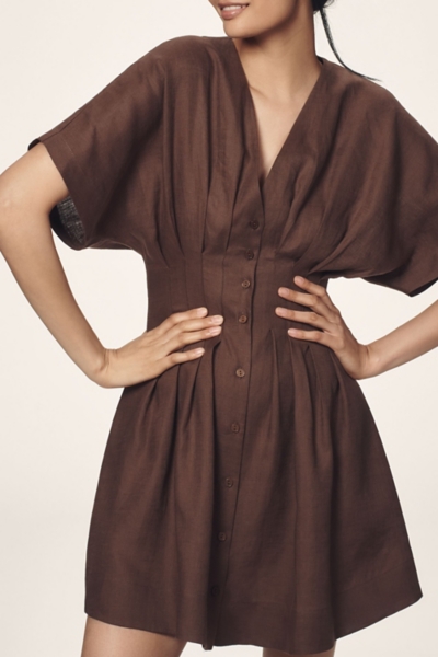brown linen mini dress Lacy Sleeveless Linen Mini Dress in Cocoa By DISSH