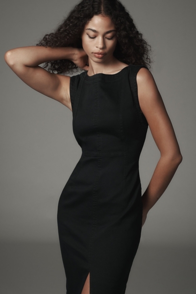 denim midi dress black Leah Black Denim Midi Dress  V-neck, Sleeveless, Button Front, Deadstock Denim Cotton XL
