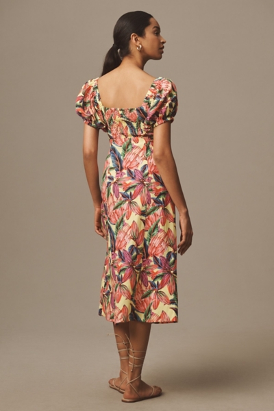 Puff-Sleeve Sweetheart Linen Midi Dress | Nuuly