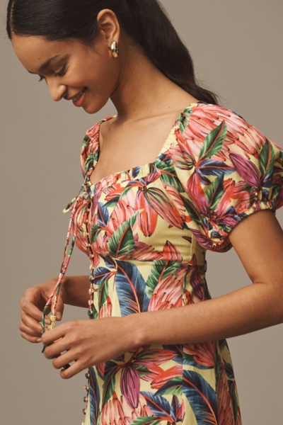 Puff-Sleeve Sweetheart Linen Midi Dress | Nuuly