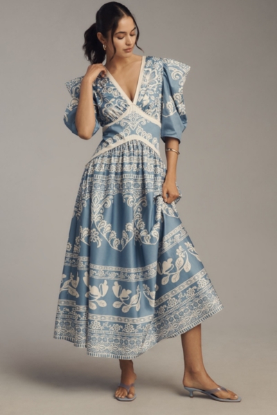 Printed V-Neck Puff-Sleeve Maxi Dress | Nuuly