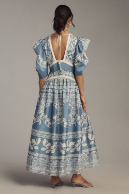 Printed V-Neck Puff-Sleeve Maxi Dress