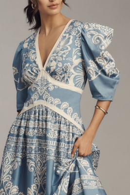 Printed V-Neck Puff-Sleeve Maxi Dress