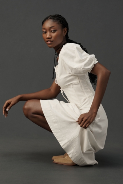 Puff-Sleeve Corset Linen Midi Dress | Nuuly