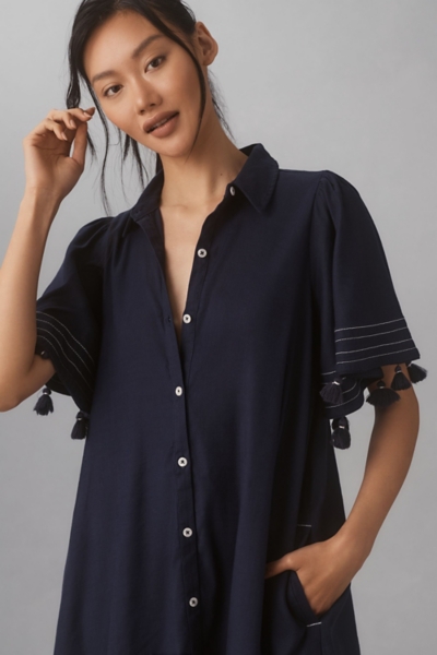 Collared Linen Button-Front Tassel Mini Dress | Nuuly