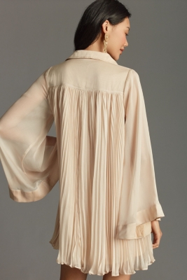 Long-Sleeve Pleated Mini Shirt Dress