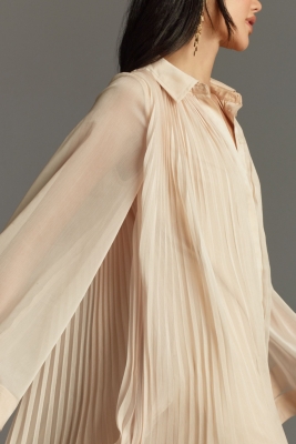 Long-Sleeve Pleated Mini Shirt Dress
