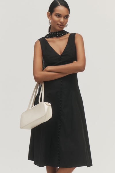 black button front dress Buckle Midi Dress – Black Button-Front Corporate Goth Midi Dress by  Midnight Hour – Midnight Hour