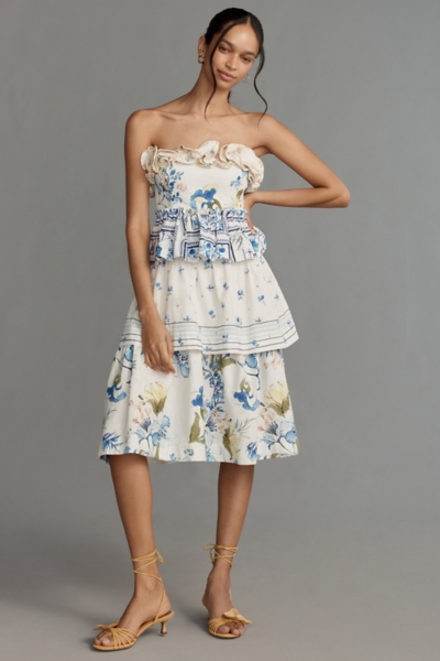 Linen Blend Strapless Ruffle Tiered Knee-Length Dr | Nuuly