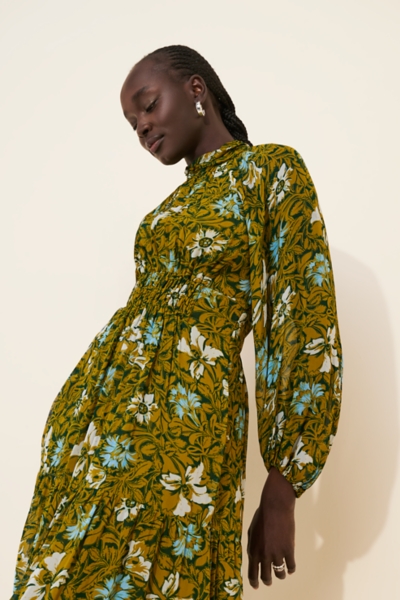 knee length dresses for ladies Green Floral Chiffon Modest Maxi Dress US 14 / White