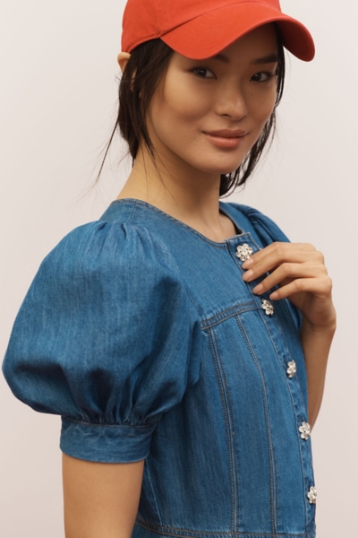 Puff-Sleeve Tiered Denim Mini Dress | Nuuly