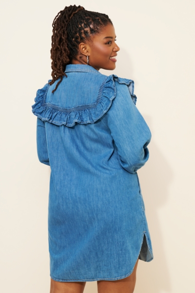 Long-Sleeve Ruffled Denim Mini Shirt Dress | Nuuly