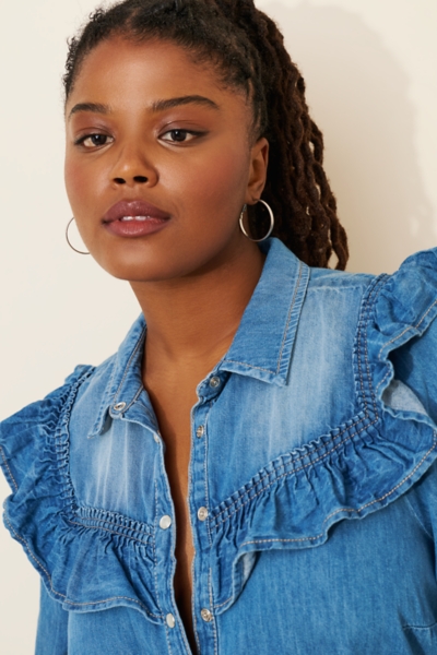Long-Sleeve Ruffled Denim Mini Shirt Dress | Nuuly