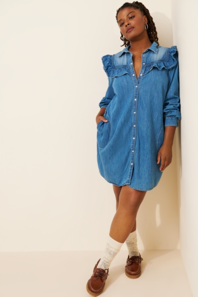 Long-Sleeve Ruffled Denim Mini Shirt Dress | Nuuly