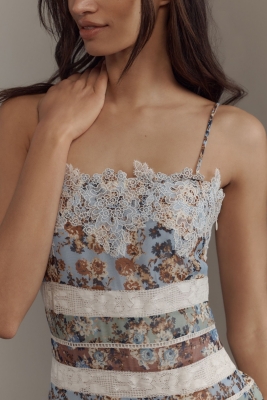 Square-Neck Mixed Lace Midi Dress