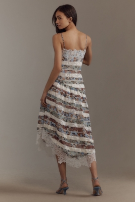 Square-Neck Mixed Lace Midi Dress