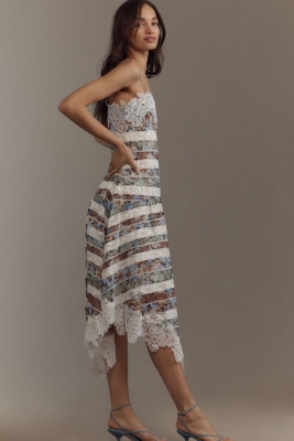 Square-Neck Mixed Lace Midi Dress