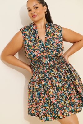 The Tommie Cap-Sleeve Smocked Front-Zip Shirt Dress: Mini Edition