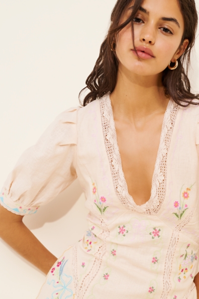 Linen Blend Puff-Sleeve V-Neck Mini Dress | Nuuly