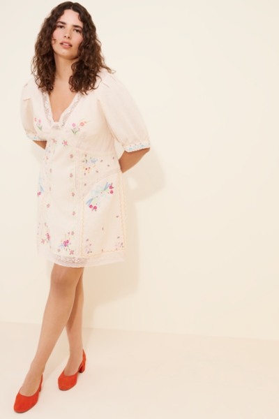 Linen Blend Puff-Sleeve V-Neck Mini Dress | Nuuly
