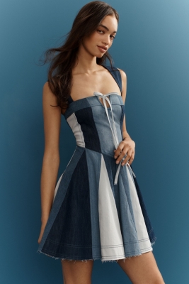 Bare Square-Neck Drop-Waist Denim Mini Dress
