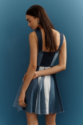 Bare Square-Neck Drop-Waist Denim Mini Dress