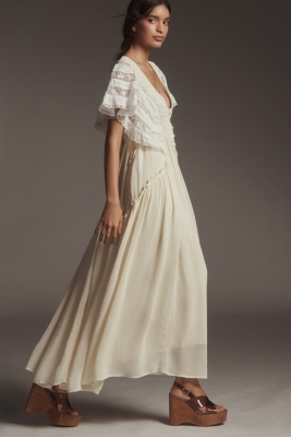 V-Neck Flutter-Sleeve Midi Dress