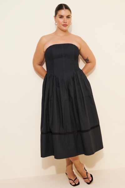 cotton poplin strapless midi dress Strapless Ruched Midi Dress in Poplin