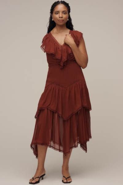 Short-Sleeve V-Neck Ruffle Midi Dress | Nuuly