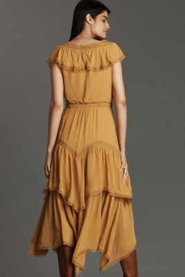 Short-Sleeve V-Neck Ruffle Midi Dress