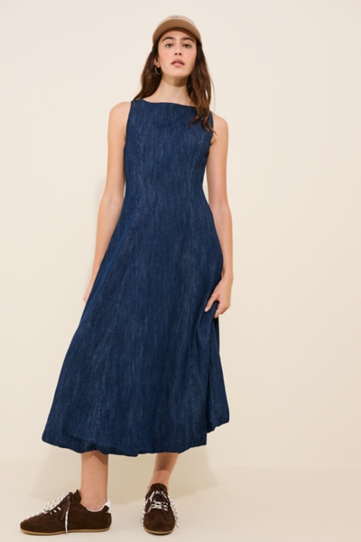 Mock-Neck Denim Bubble Midi Dress