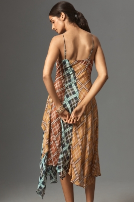 Sleeveless Asymmetric Plaid Mix Midi Dress