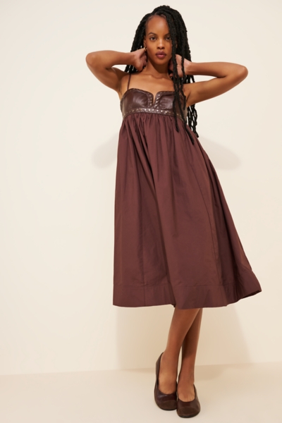 chinese dress ladies Samana Babydoll Mini Dress in Check Dark Brown , Pleated , High Neck main image 0